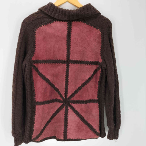 スエード切替 ボタン ニット カーディガン 袖ケーブル編み メンズ